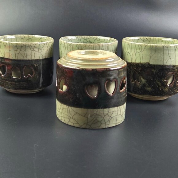 Vintage - Set of 4- Japanese Somayaki Hashirigoma Pottery Cups - Picture 4 of 12